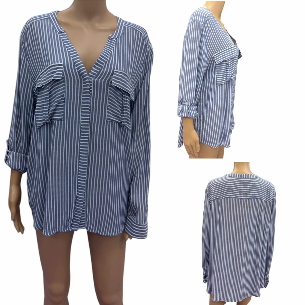 a.n.a Blue and White Striped Button Down Split Neck Shirt Blouse Womens XL